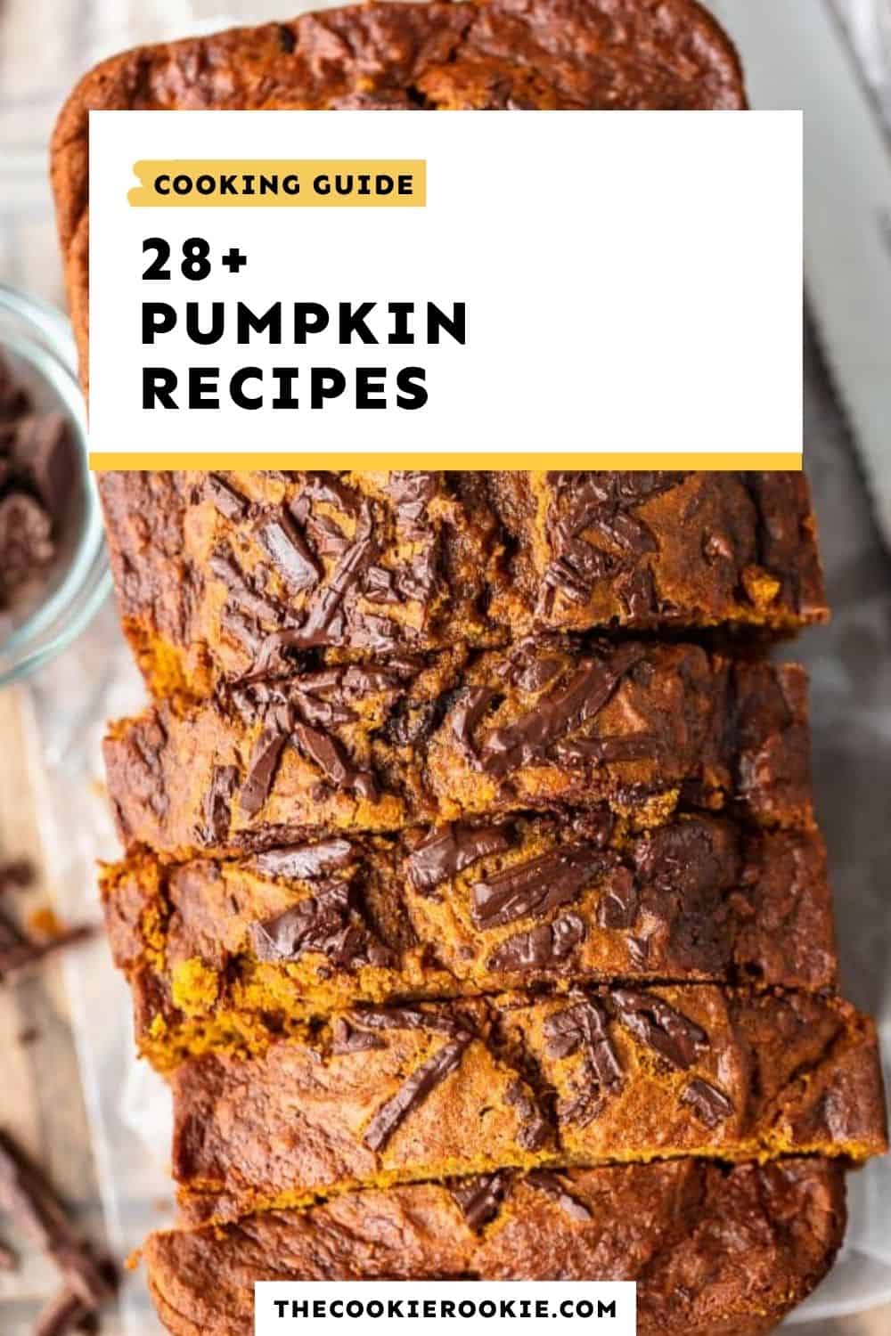 a loaf of pumpkin bread with text overlay that reads: 28 pumpkin recipes.