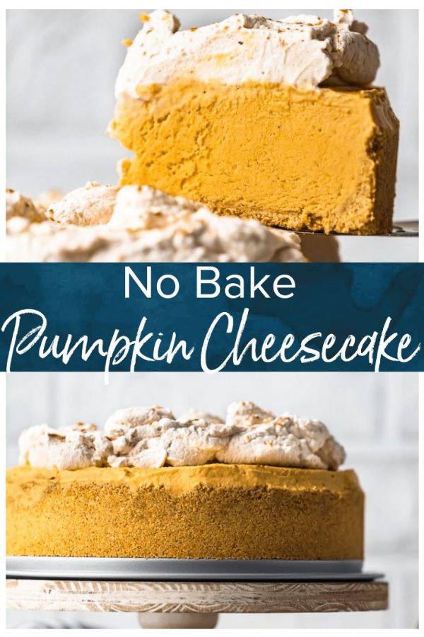 Pumpkin Pie Cheesecake is the perfect fall dessert, made with a graham cracker crust and topped off with pumpkin spice whipped cream. This no bake pumpkin cheesecake recipe is so easy to make. You definitely want this at your holiday feast!