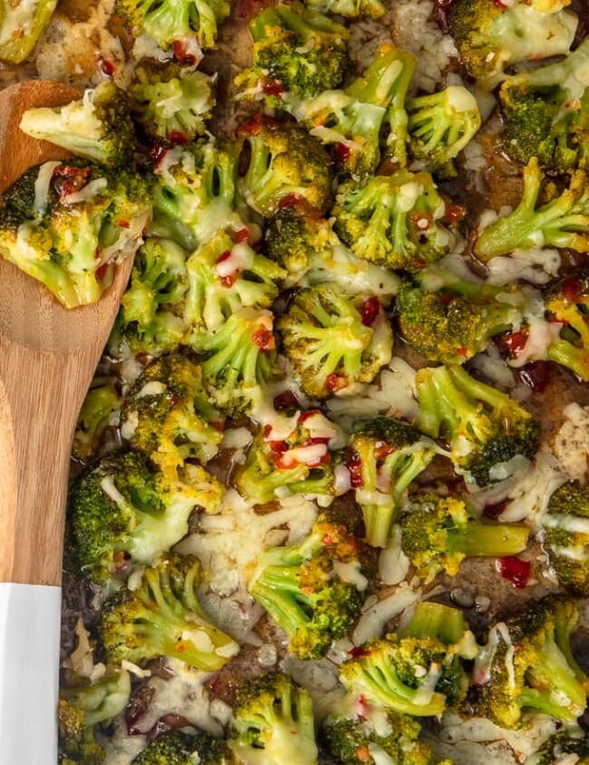 spicy cheesy broccoli on a baking dish
