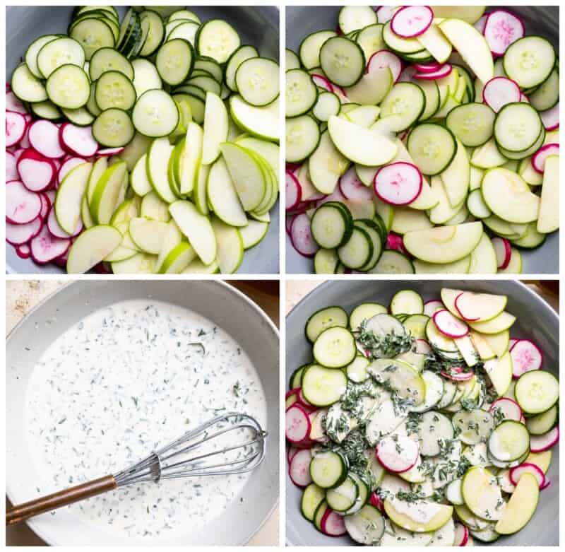 step by step photos for how to make creamy cucumber salad.