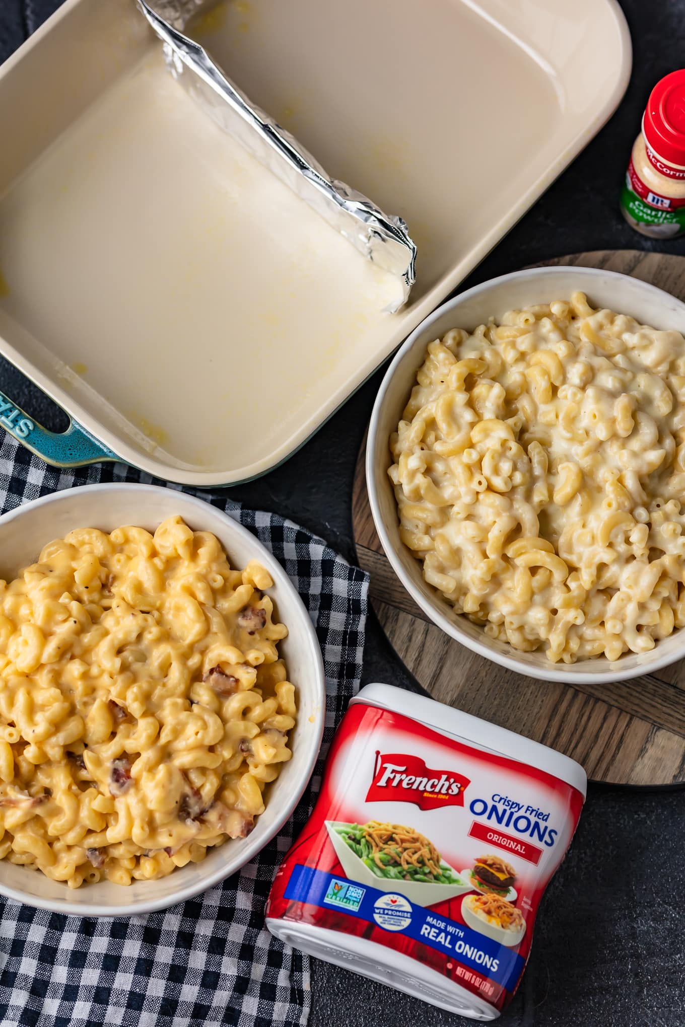 ingredients for making baked mac and cheese casserole step by step shots