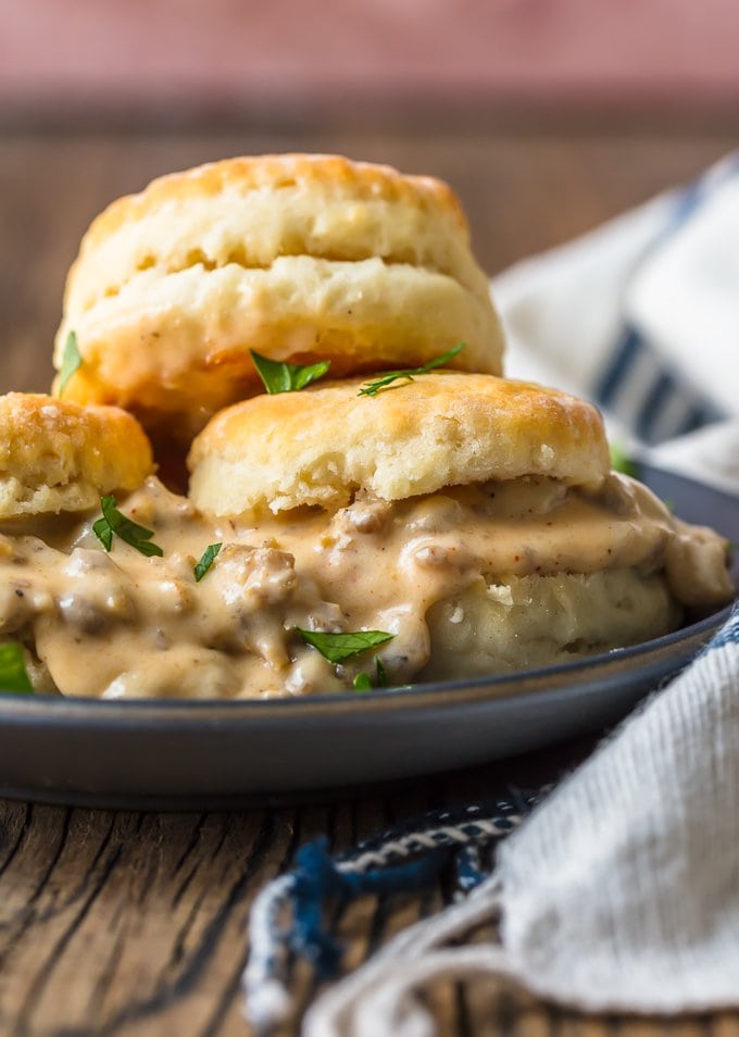 close up on biscuits with homemade sausage gravy recipe