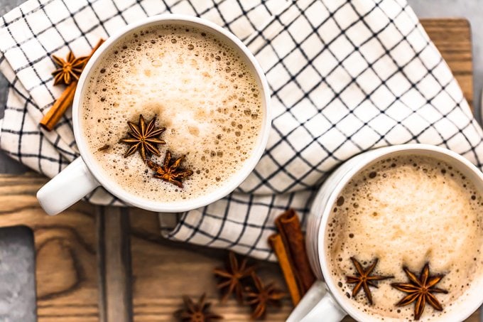 two mugs of bourbon chai tea viewed from above