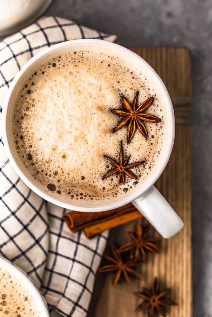 overhead view of a mug of chai tea