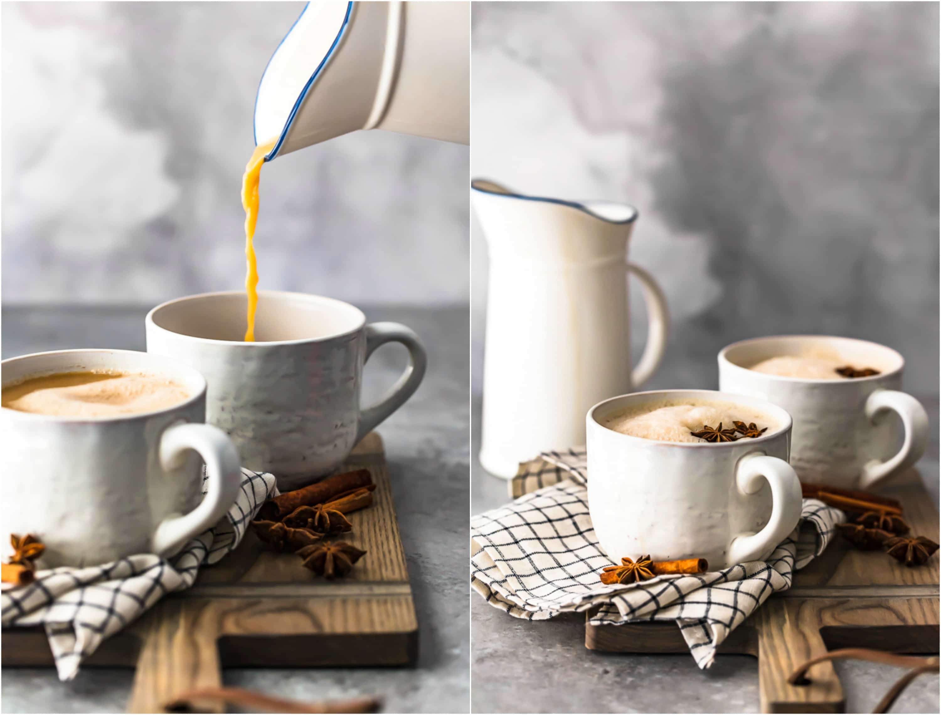 photo collage of chai tea in two white mugs