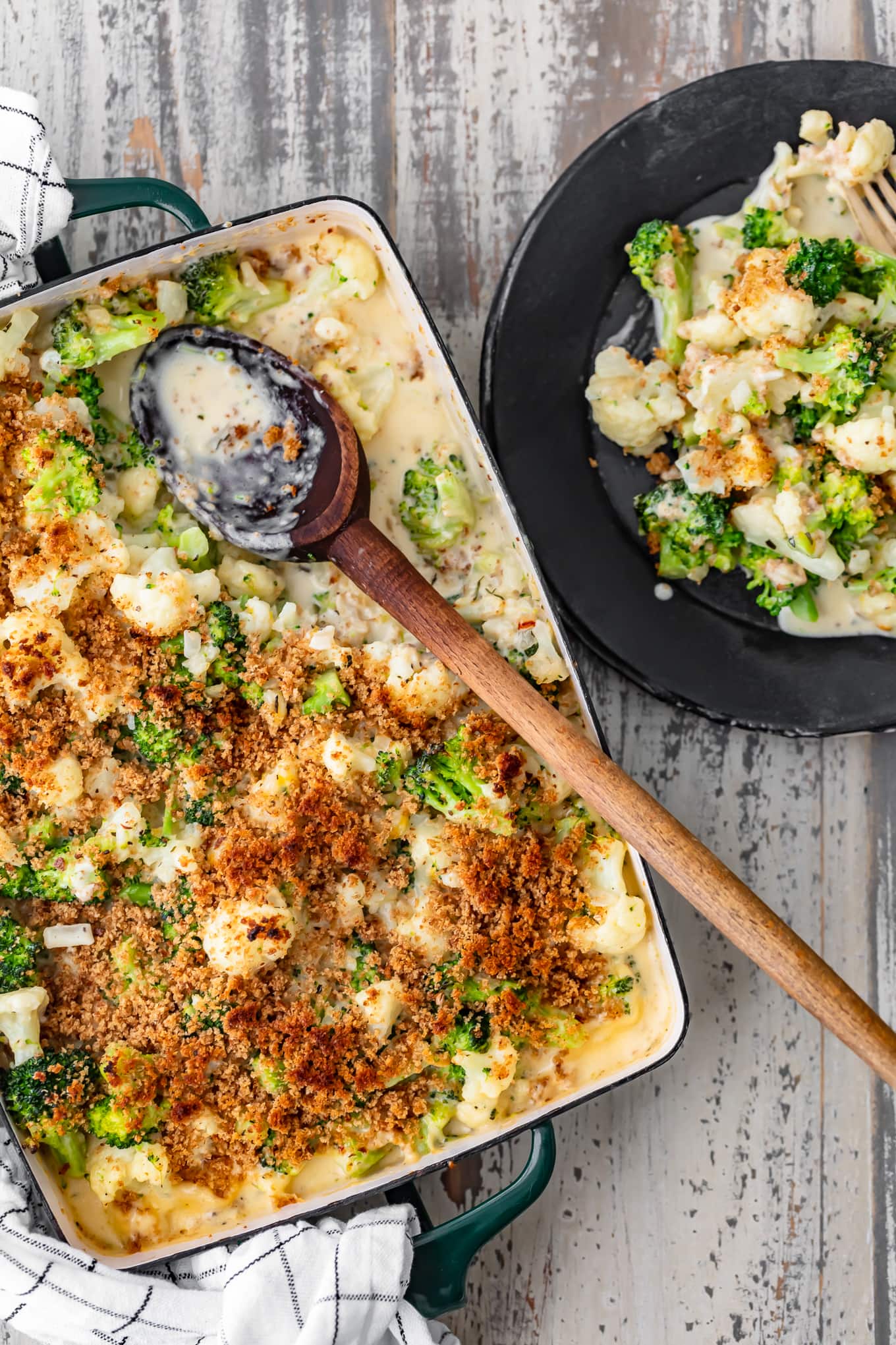 overhead view of cauliflower broccoli au gratin