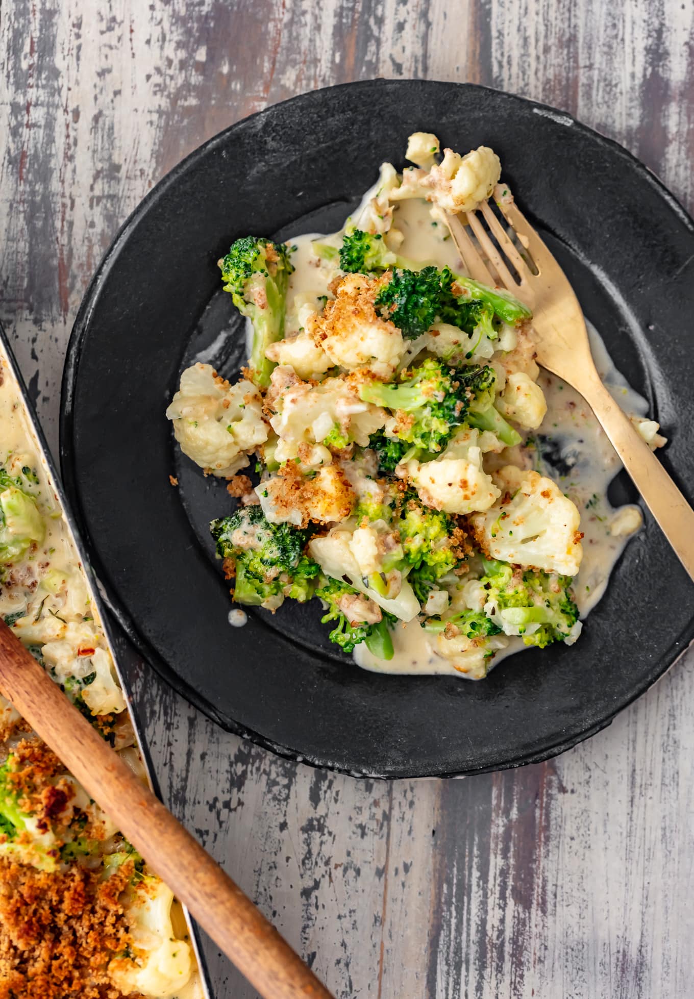 plate of broccoli and cauliflower gratin viewed from above