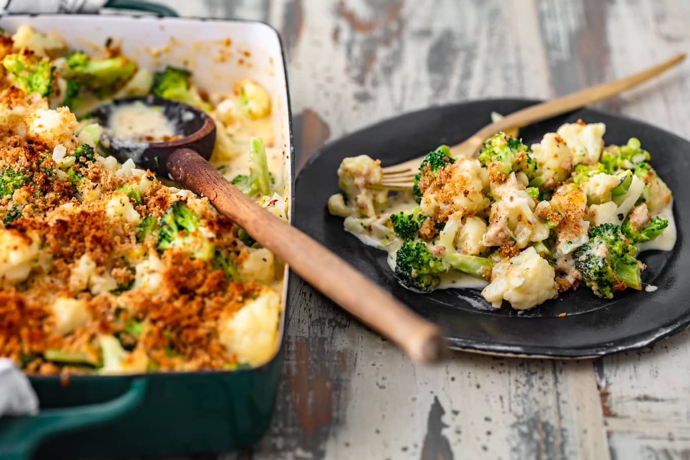 a plate of broccoli cauliflower casserole next to a full casserole dish