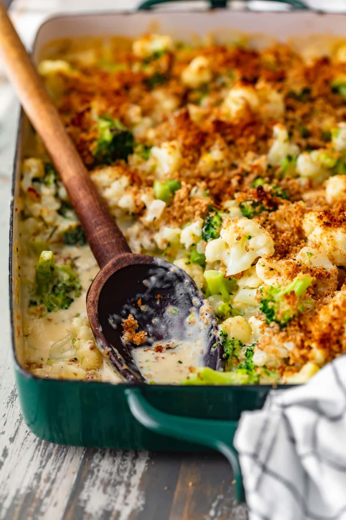 broccoli and cauliflower gratin in a baking dish