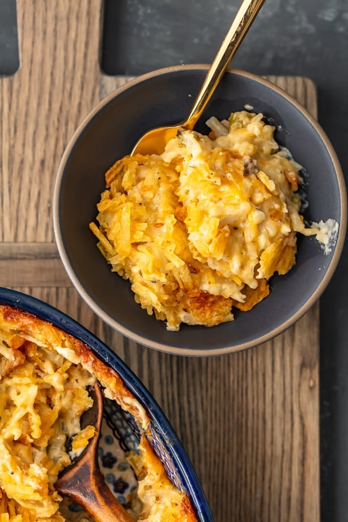 overhead view of bowl of cheesy hash brown casserole