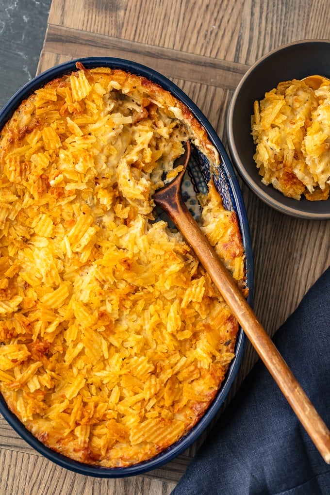 overhead shot of cheesy potato casserole