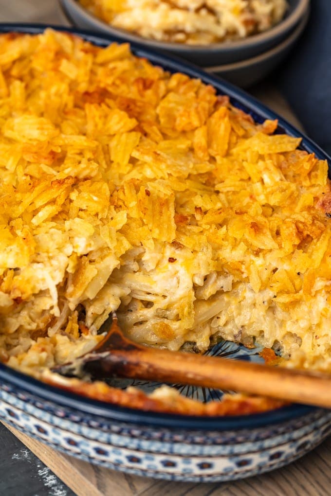 cheesy potato casserole topped with potato chips