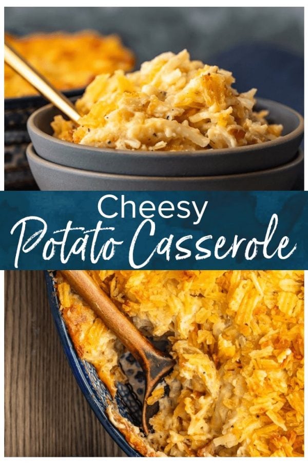 Cheesy Potato Casserole is the ideal holiday side dish recipe for anyone that loves cheese and potatoes. This hash brown potato casserole recipe is super easy, super cheesy, and topped off with a crunchy potato chip topping!