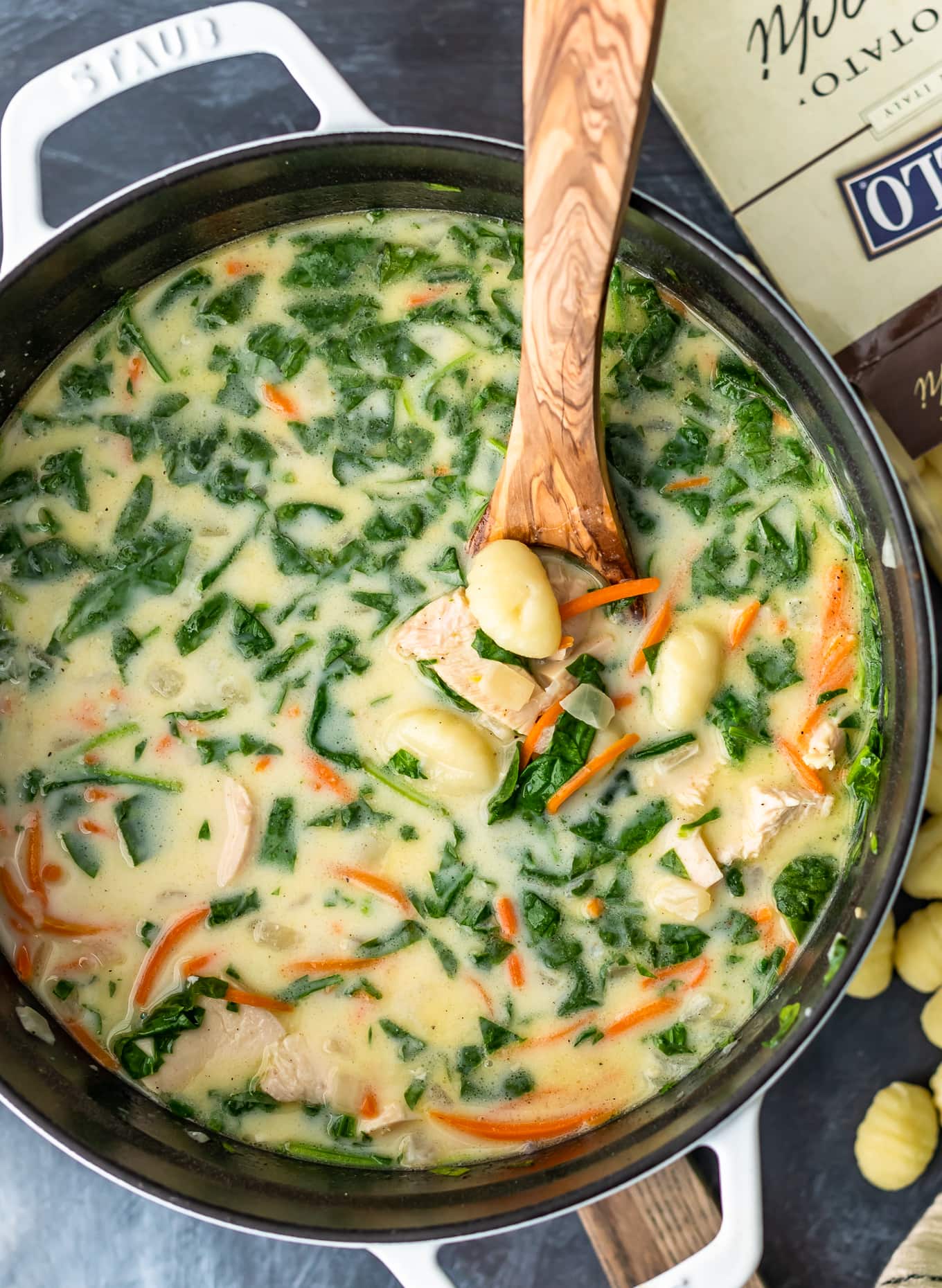 overhead view of creamy chicken gnocchi soup recipe in a large pot