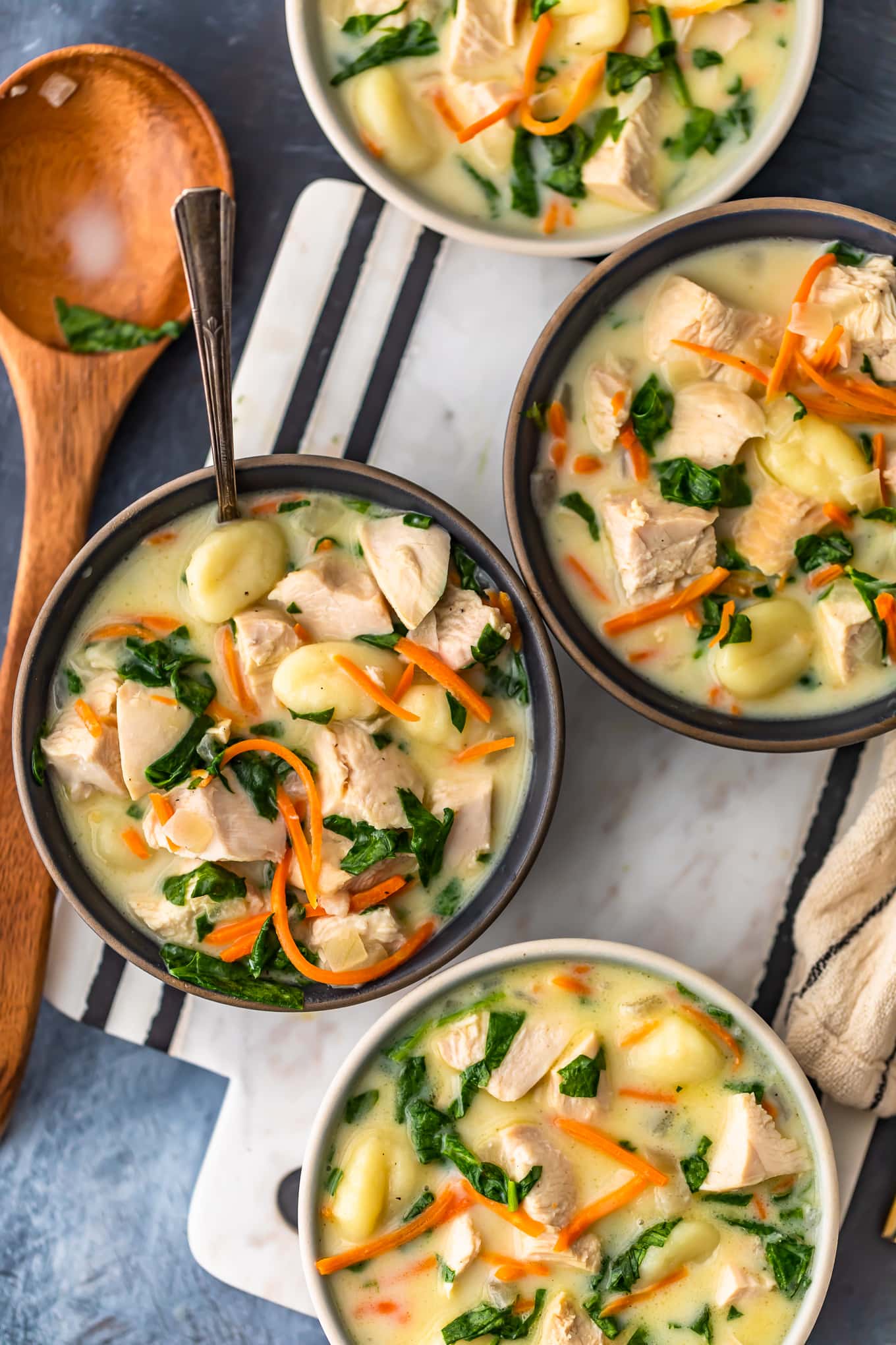 chicken gnocchi soup with carrots and spinach