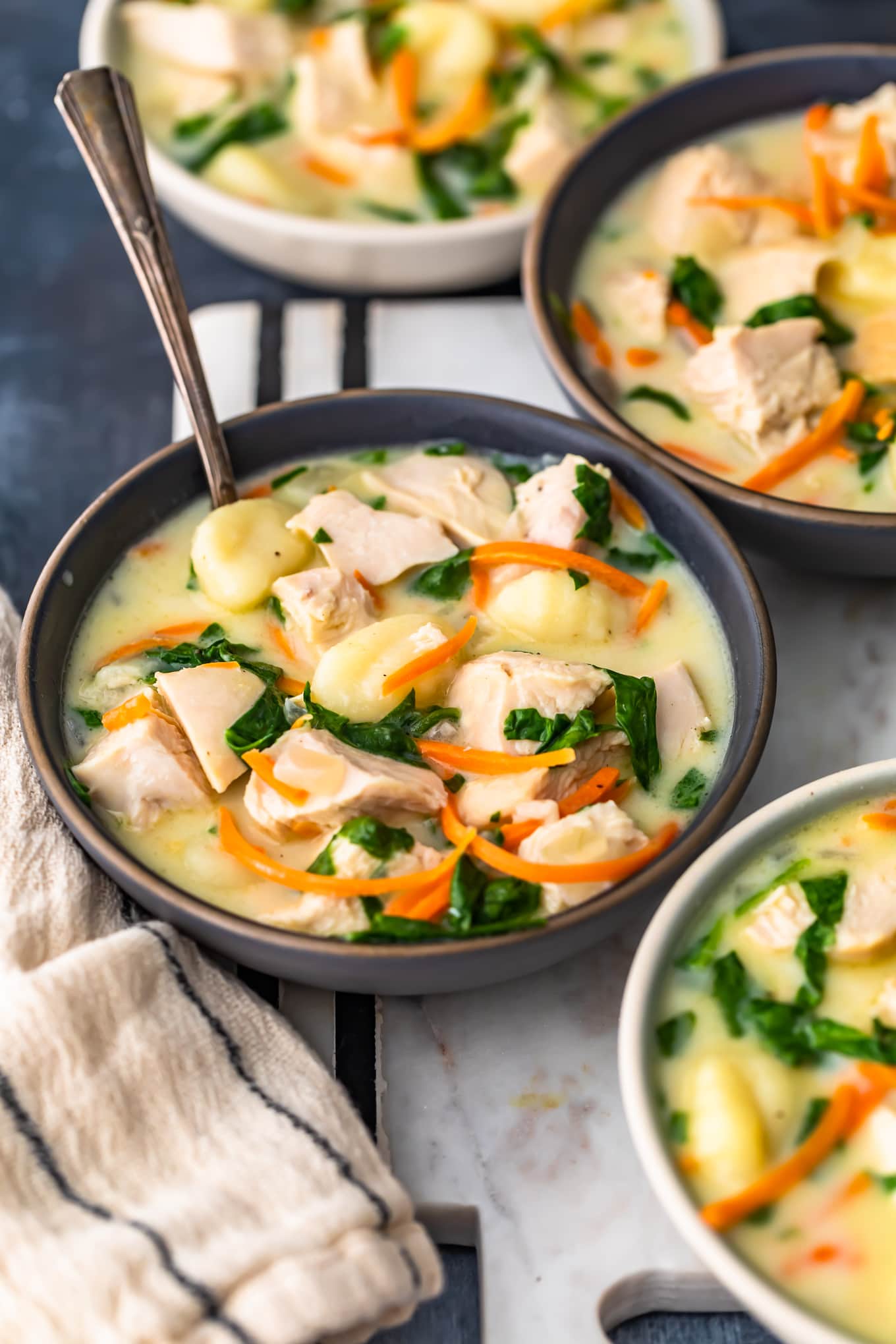 bowls of chicken and gnocchi soup