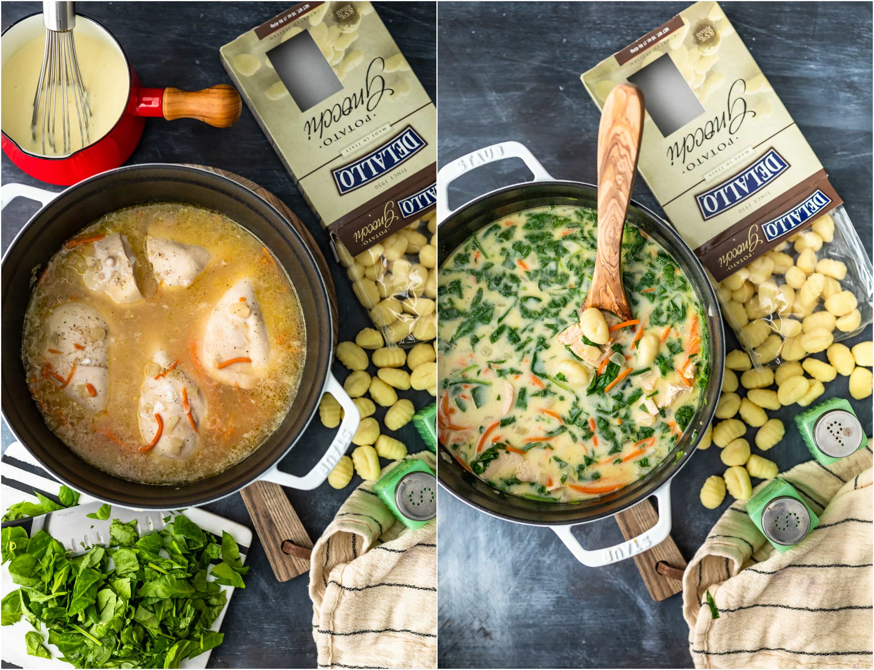 photo collage of chicken soup cooking in a pot, next to a box of gnocchi