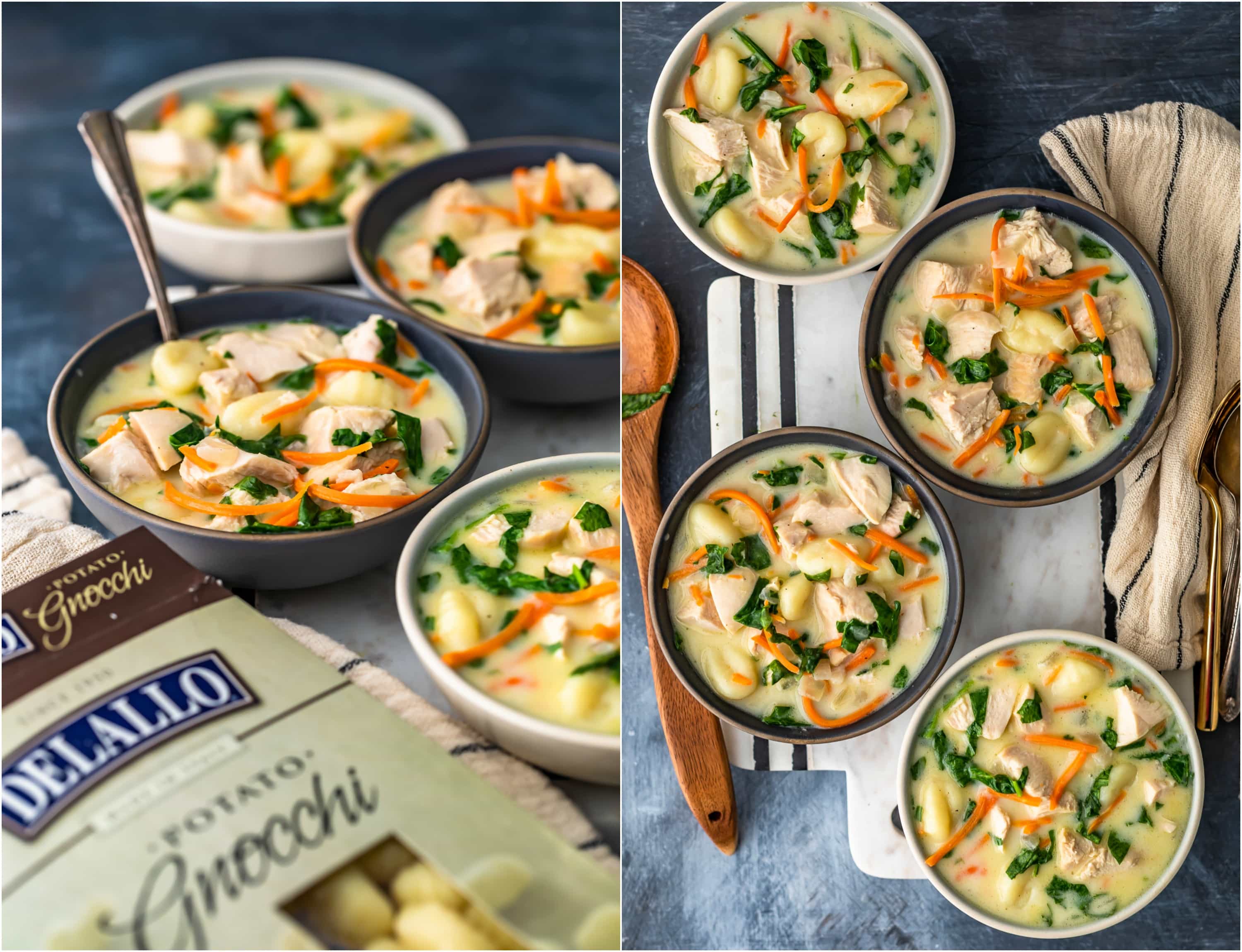 photo collage: four bowls of chicken gnocchi soup from different angles