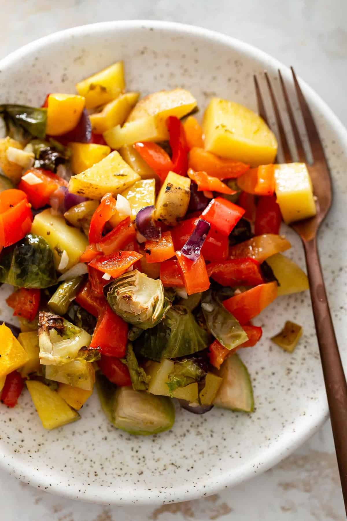 close up on a plate of roasted veggies