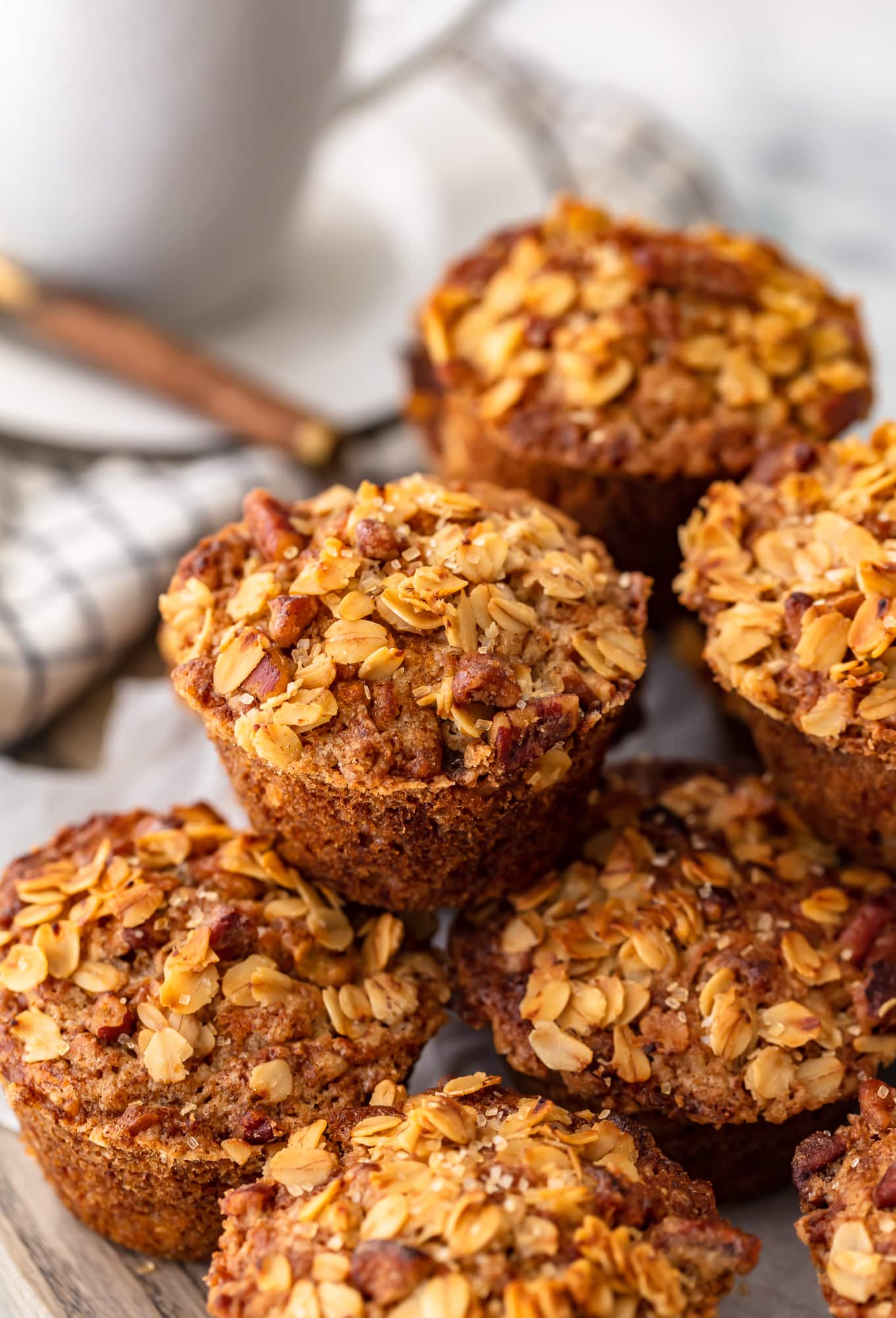 morning glory muffins stacked up on top of each other