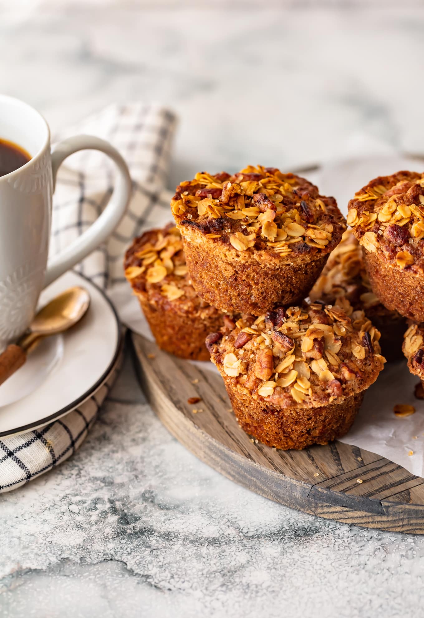 breakfast muffins on a wooden serving platter