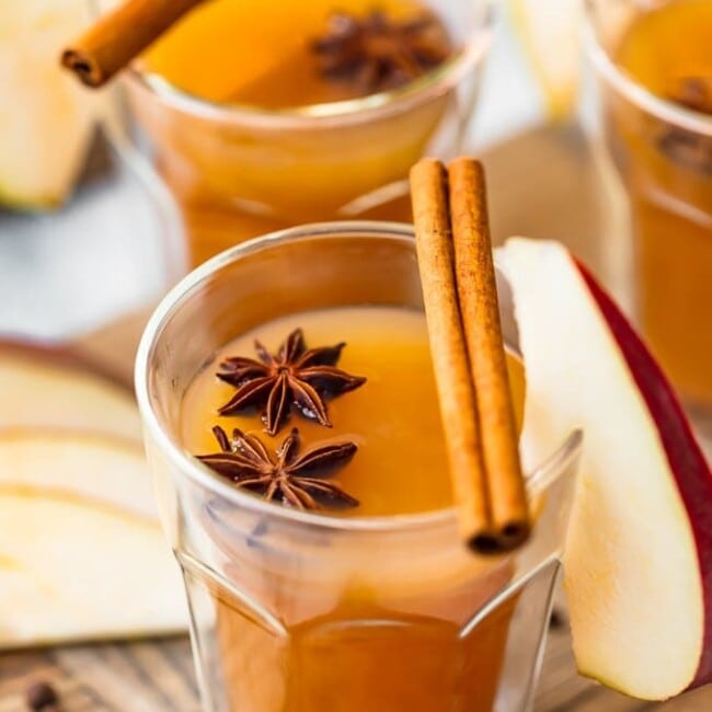 Pear Cider is an awesome fall drink. This Spiced Pear Cider recipe is a blend of pear juice, apple cider, ginger liqueur, and plenty of spice! It's an alcoholic drink, but you can make a non-alcoholic version too. Warm, delicious, and perfect for the holidays!