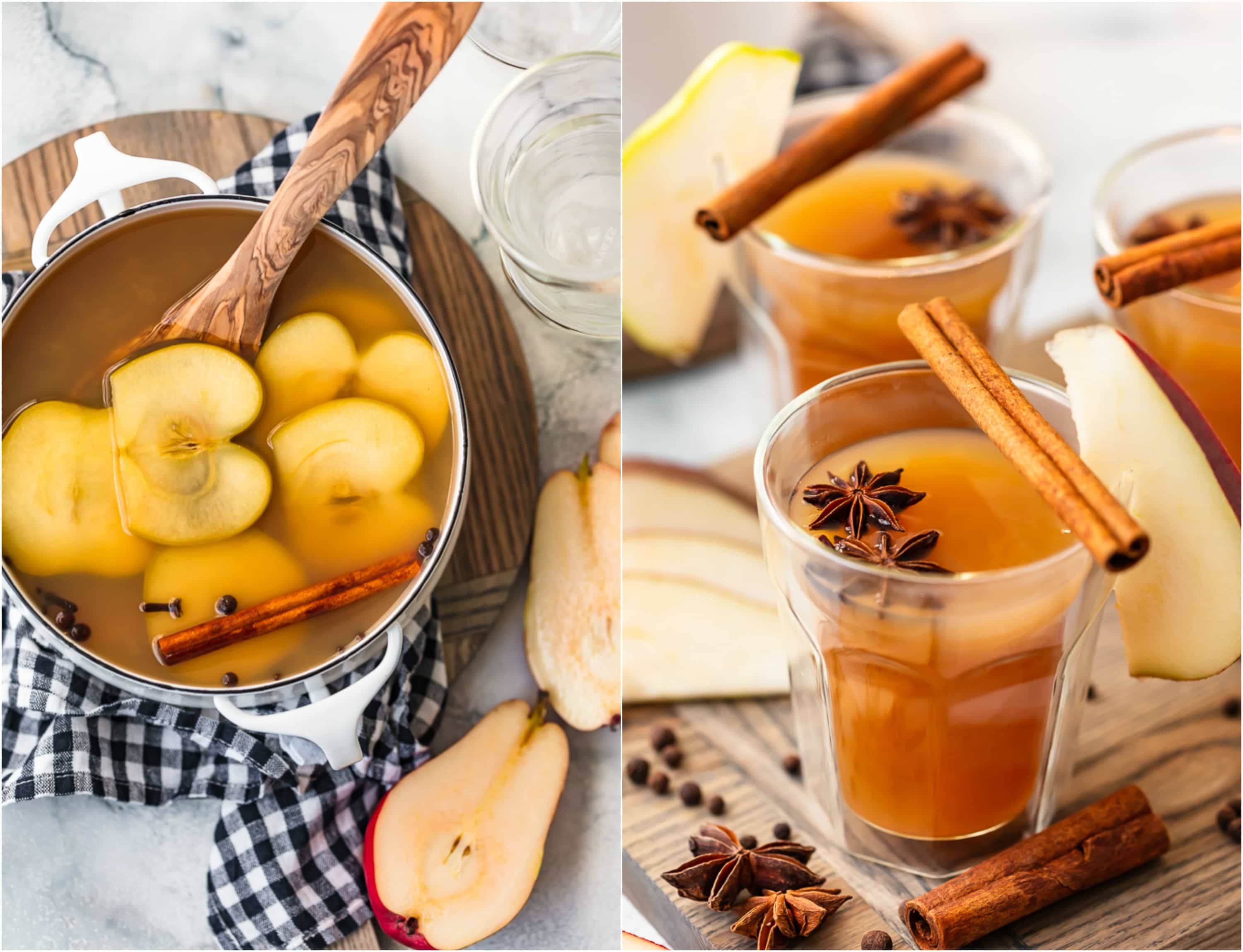photo collage: spiced pear cider in a pot and in a glass