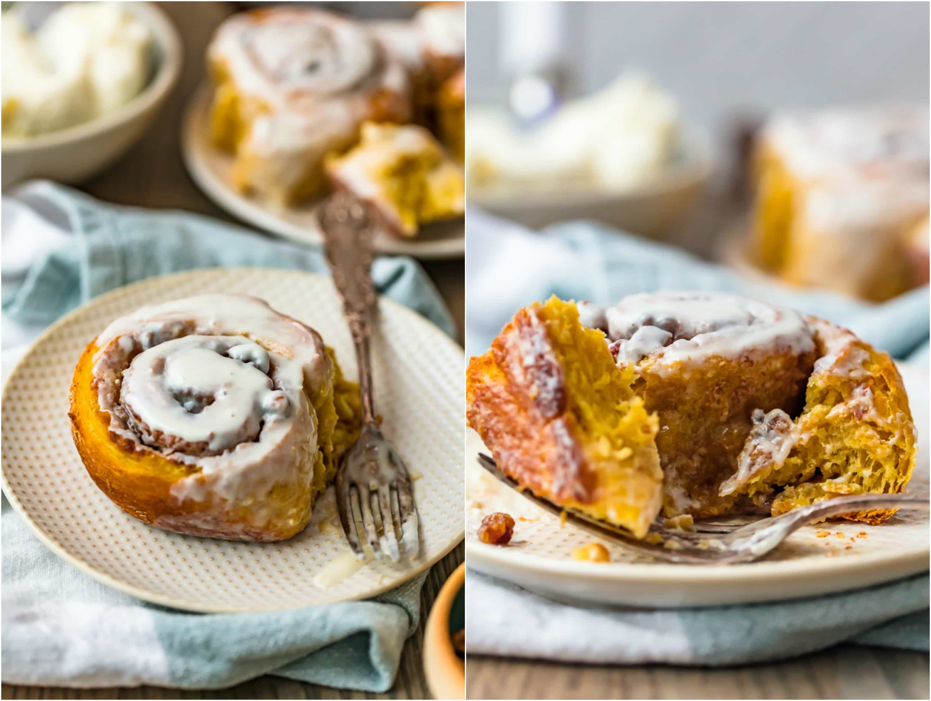 photo collage of a cinnamon roll on a white plate