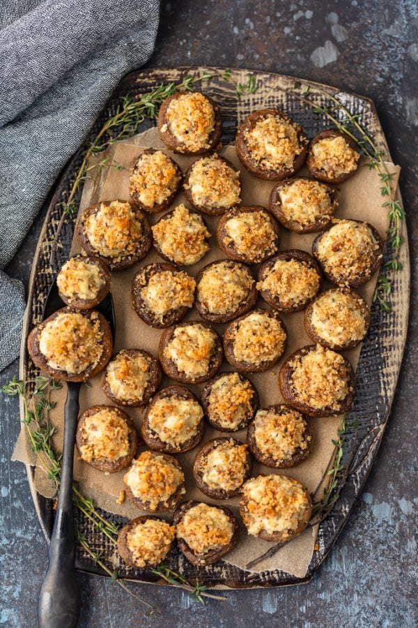serving platter filled with stuffed mushrooms
