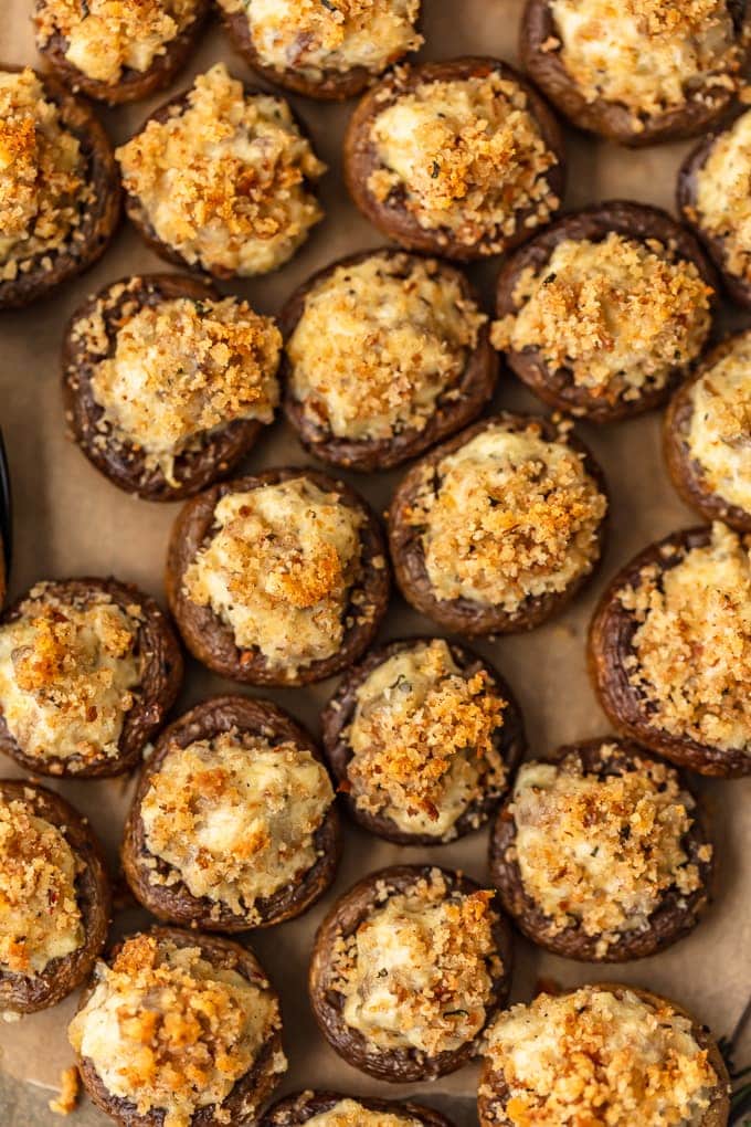 sausage stuffed mushrooms viewed from above