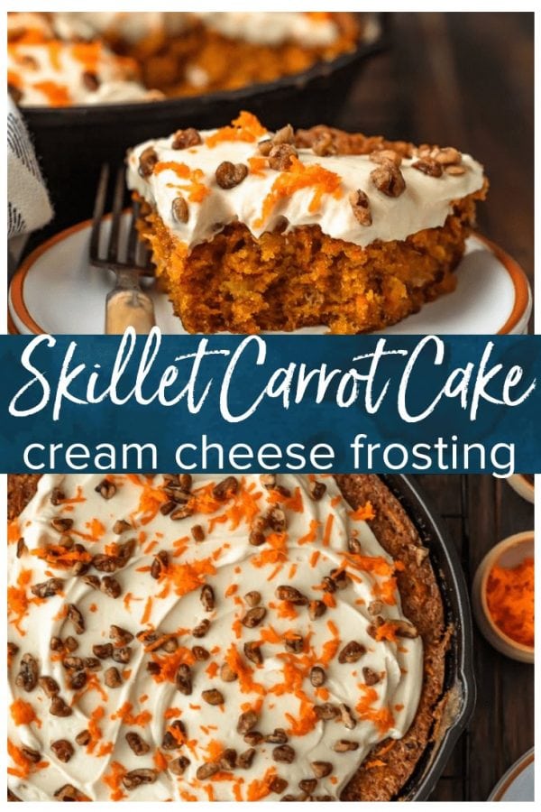 Skillet Carrot Cake is the perfect way to make this delicious dessert without an oven. This easy carrot cake recipe with pineapple is so moist, so flavorful, and so simple! And we're topping it off with the absolute best cream cheese frosting for carrot cake, because it wouldn't be complete without it!