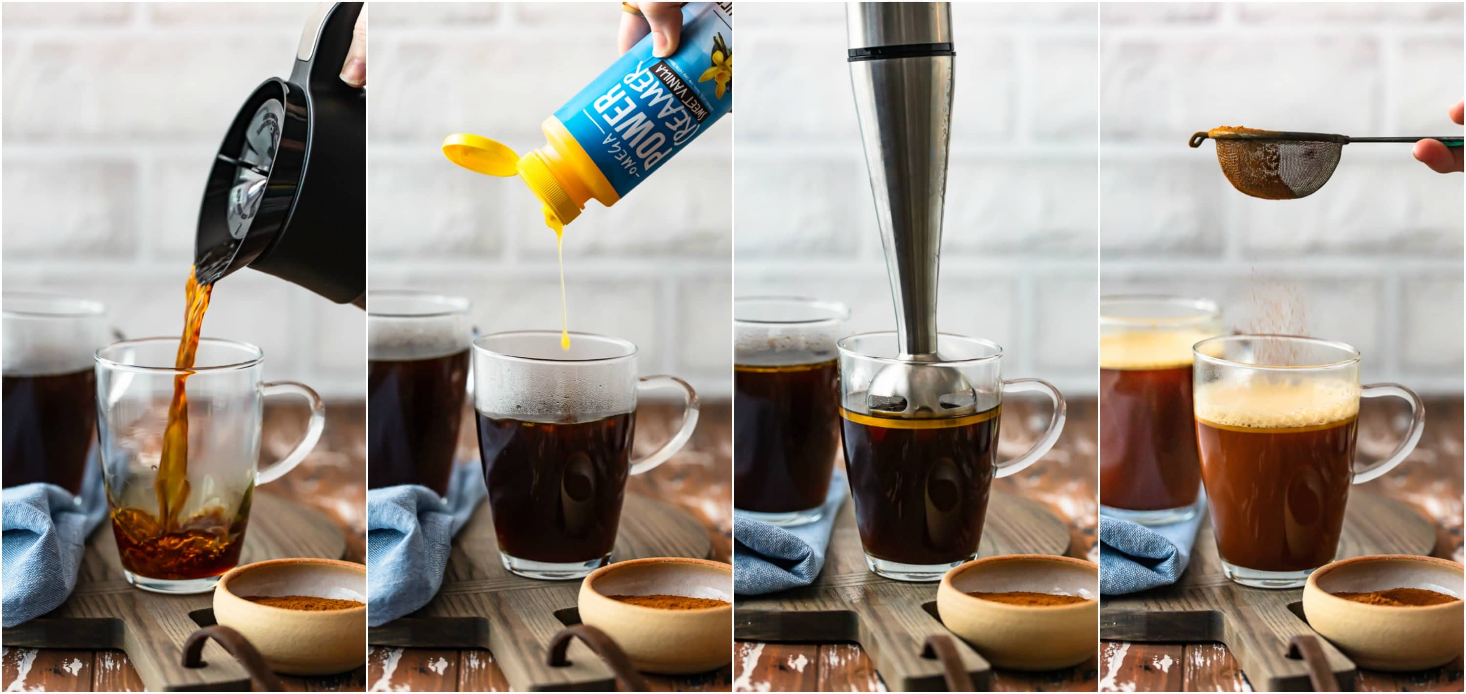 step by step photo collage: preparing vanilla keto coffee recipe