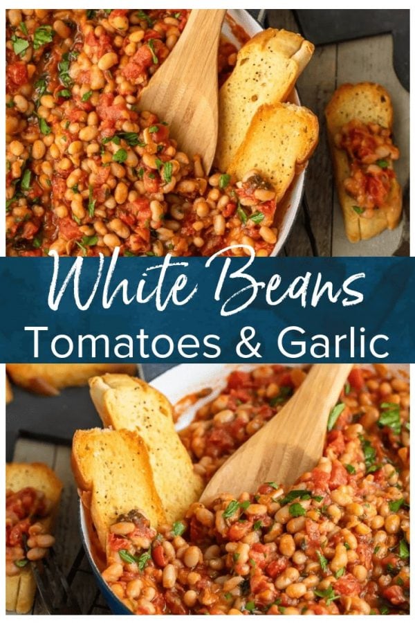 This White Beans recipe is so simple, yet so delicious! Cannellini beans cooked with tomatoes, garlic, and chicken broth make for one tasty side dish. It's perfect for holidays or easy weeknight meals!