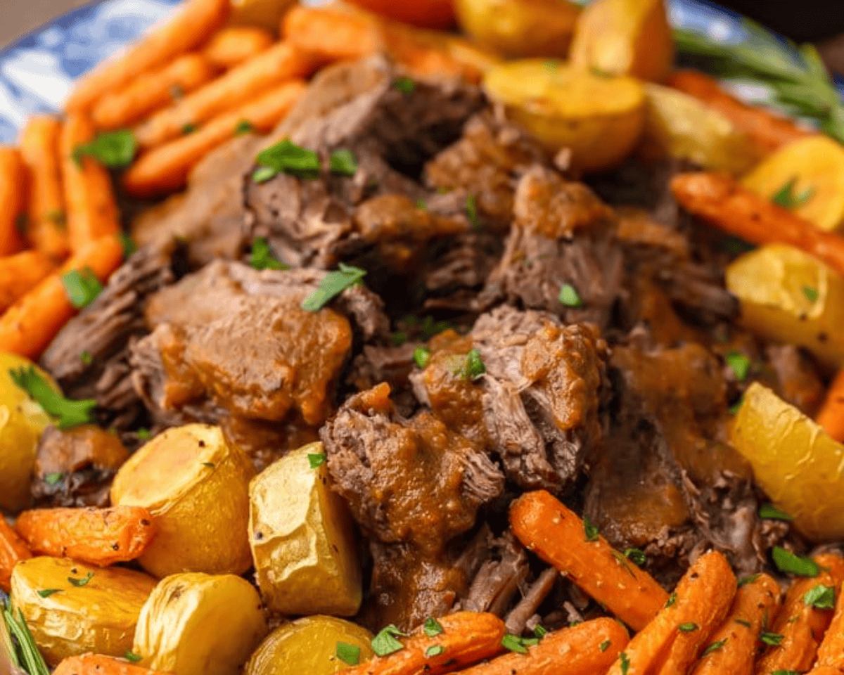 Chunks of roast, carrots, and onions. 