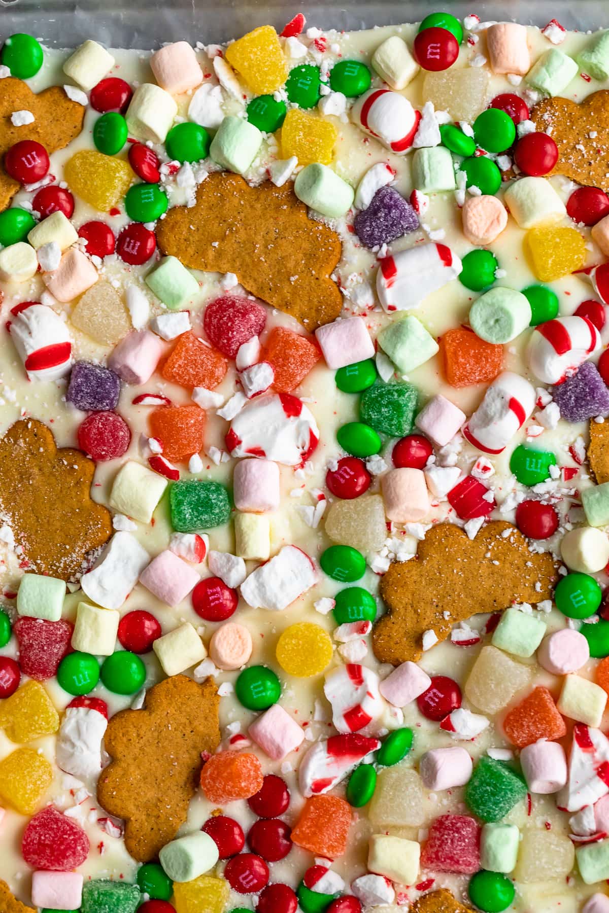 detailed view of all the candies added to the gingerbread house bark