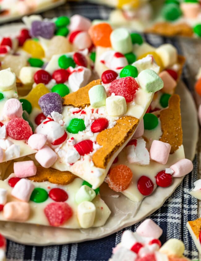 close up view of gingerbread house christmas bark