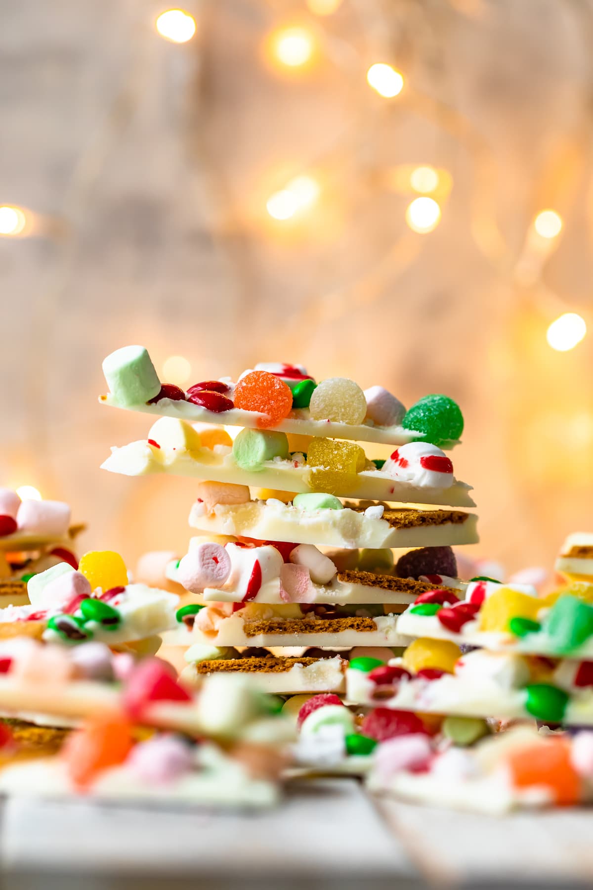 white chocolate bark stacked on a plate