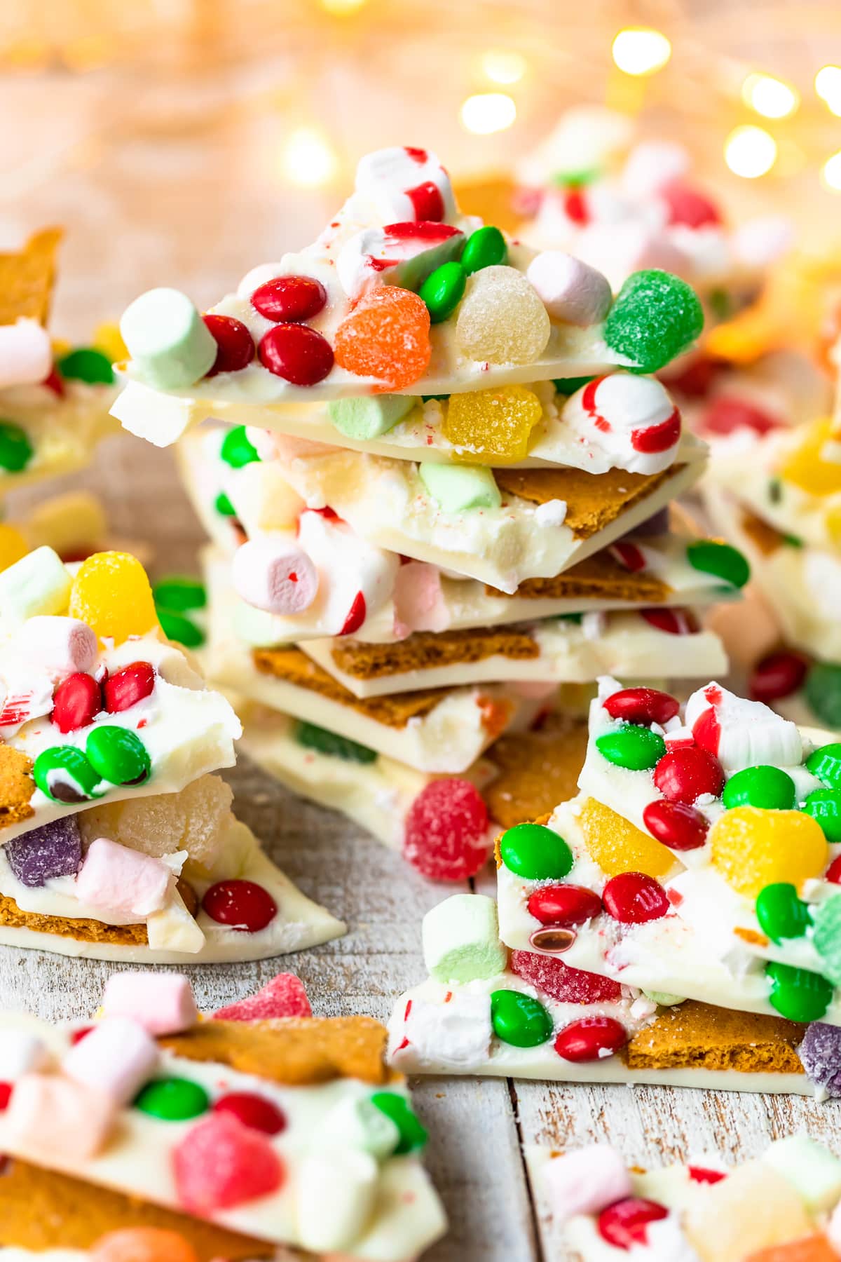 white chocolate gingerbread hosue bark with candy on it