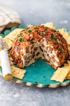 This Bacon Ranch Cheese Ball puts a delicious kick on the classic cheese ball recipe we all know and love. Cream cheese, ranch, bacon, and more are combined in this tasty bacon cheese ball recipe for lots of flavor. It's perfect as a Christmas party appetizer, New Year's Eve appetizer, or for game day!