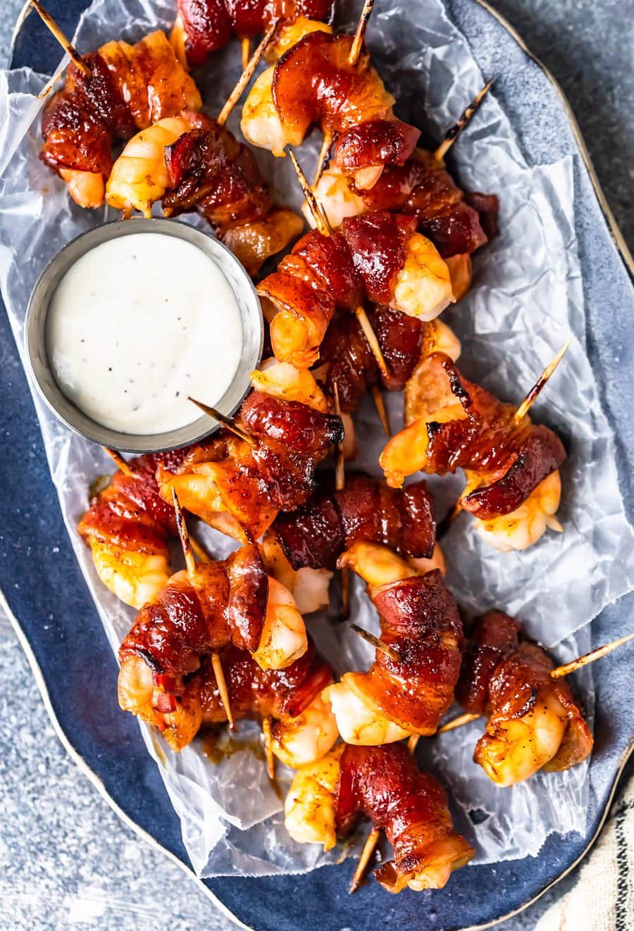 overhead view of bacon wrapped shrimp appetizers