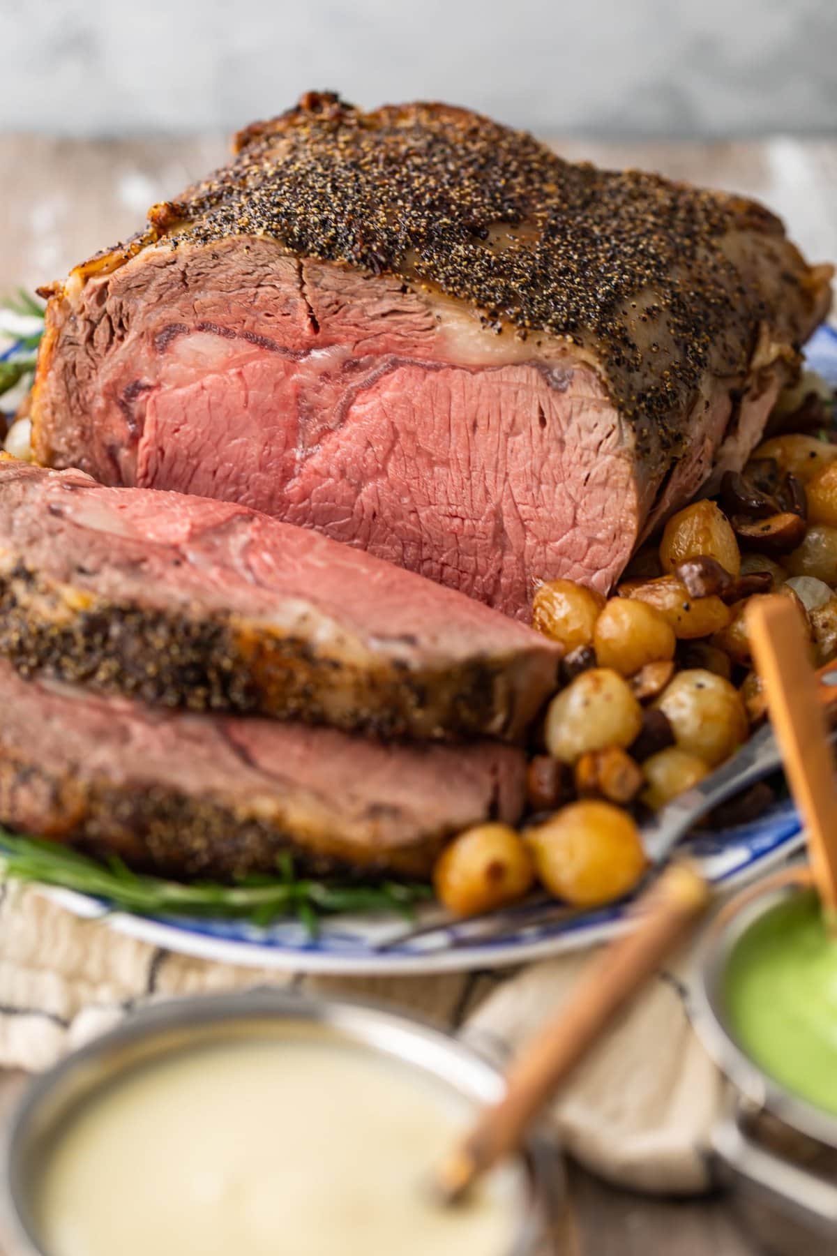 slow roasted prime rib partially sliced