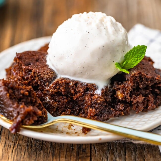 gingerbread pudding cake topped with ice cream