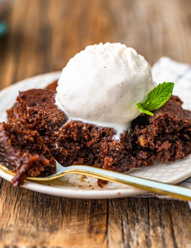 gingerbread pudding cake topped with ice cream