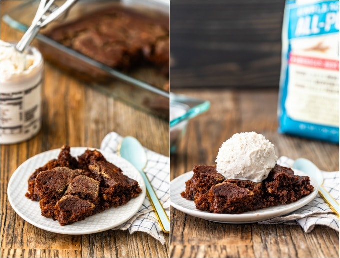 gingerbread pudding cake collage with ice cream and a spoon