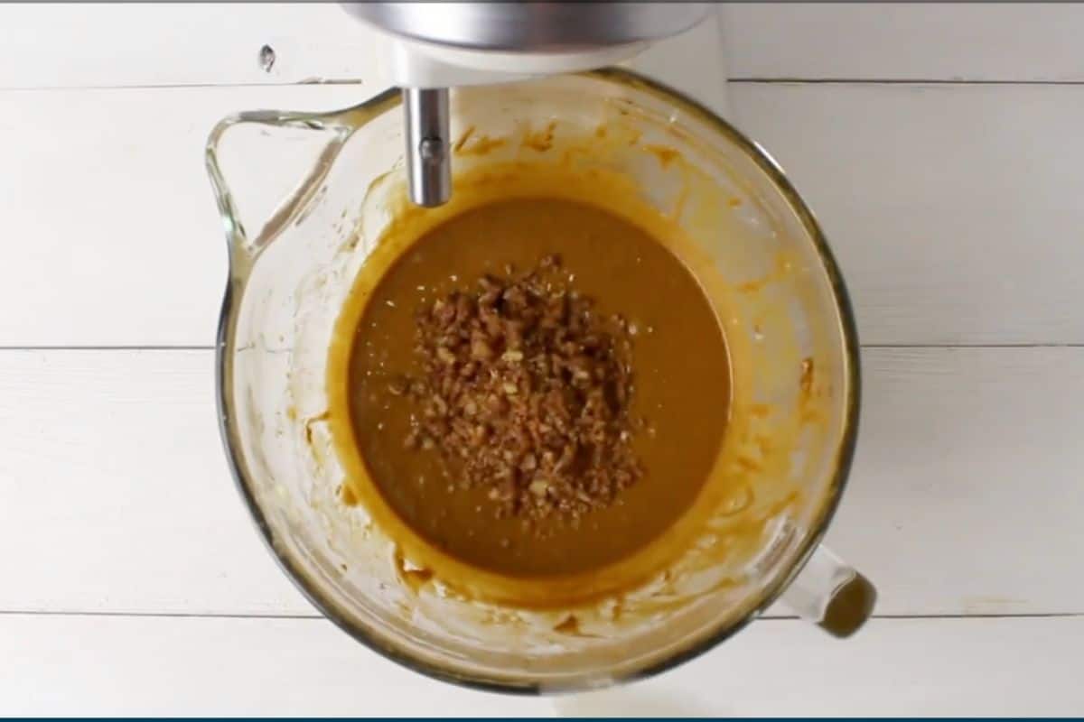 wet and dry ingredients are mixed. stir in pecans.