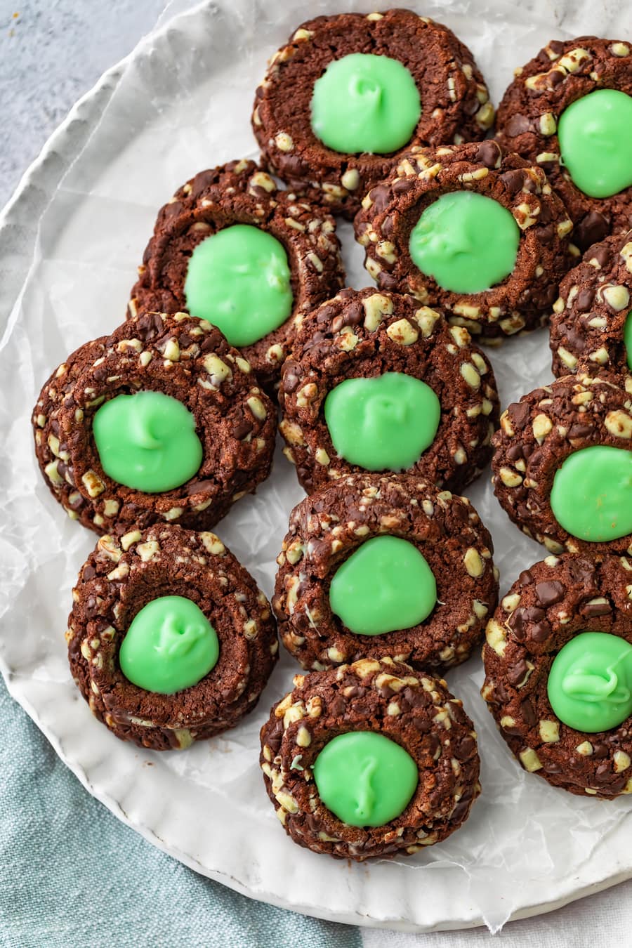 chocolate thumbprint cookies with creme de menthe ganache