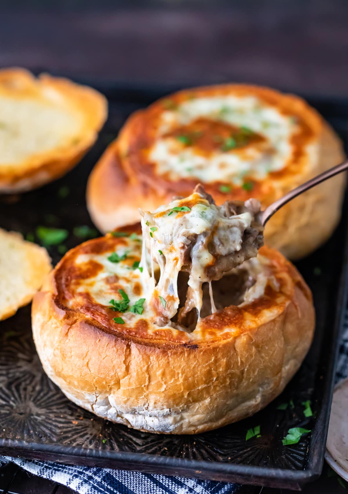 philly cheese steak soup in bread bowls