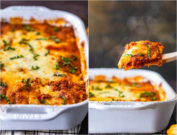 two photos of a ravioli lasagna