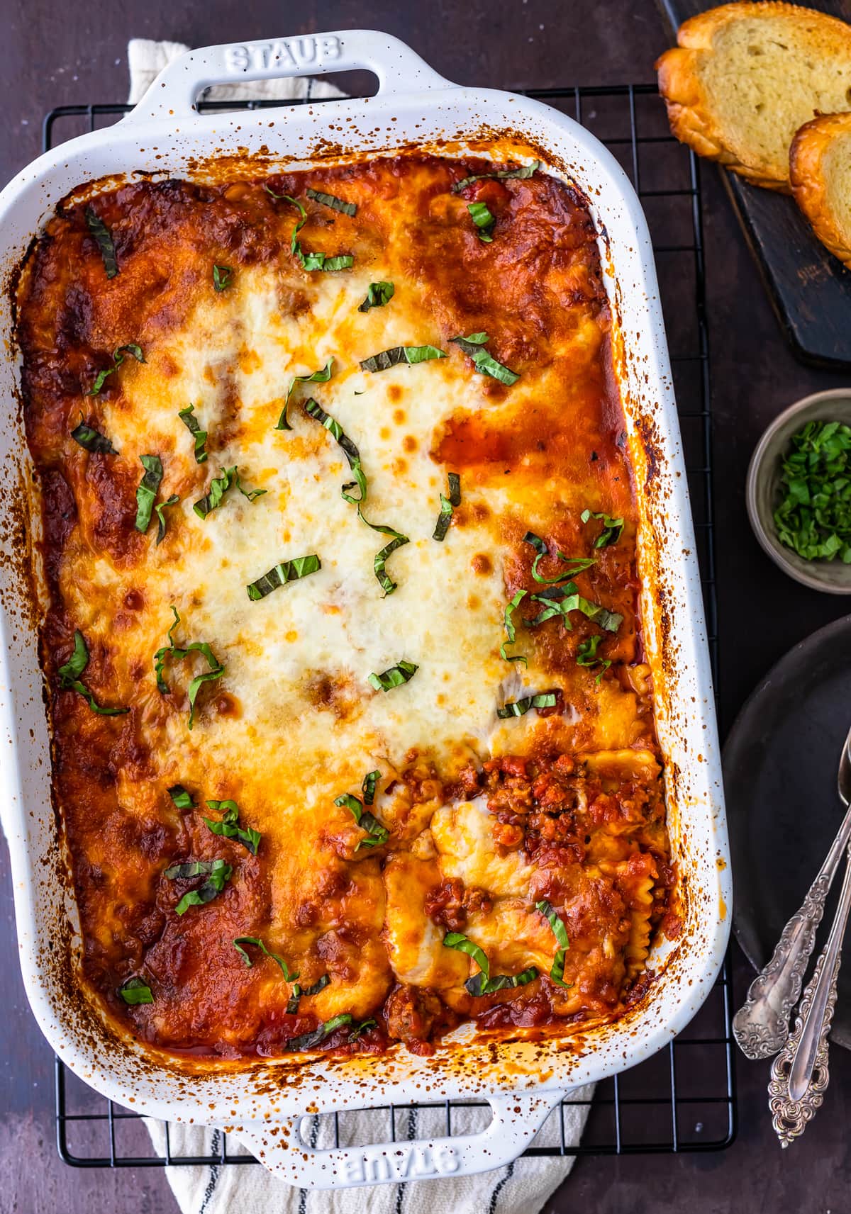 ravioli casserole sitting on a cooling rack