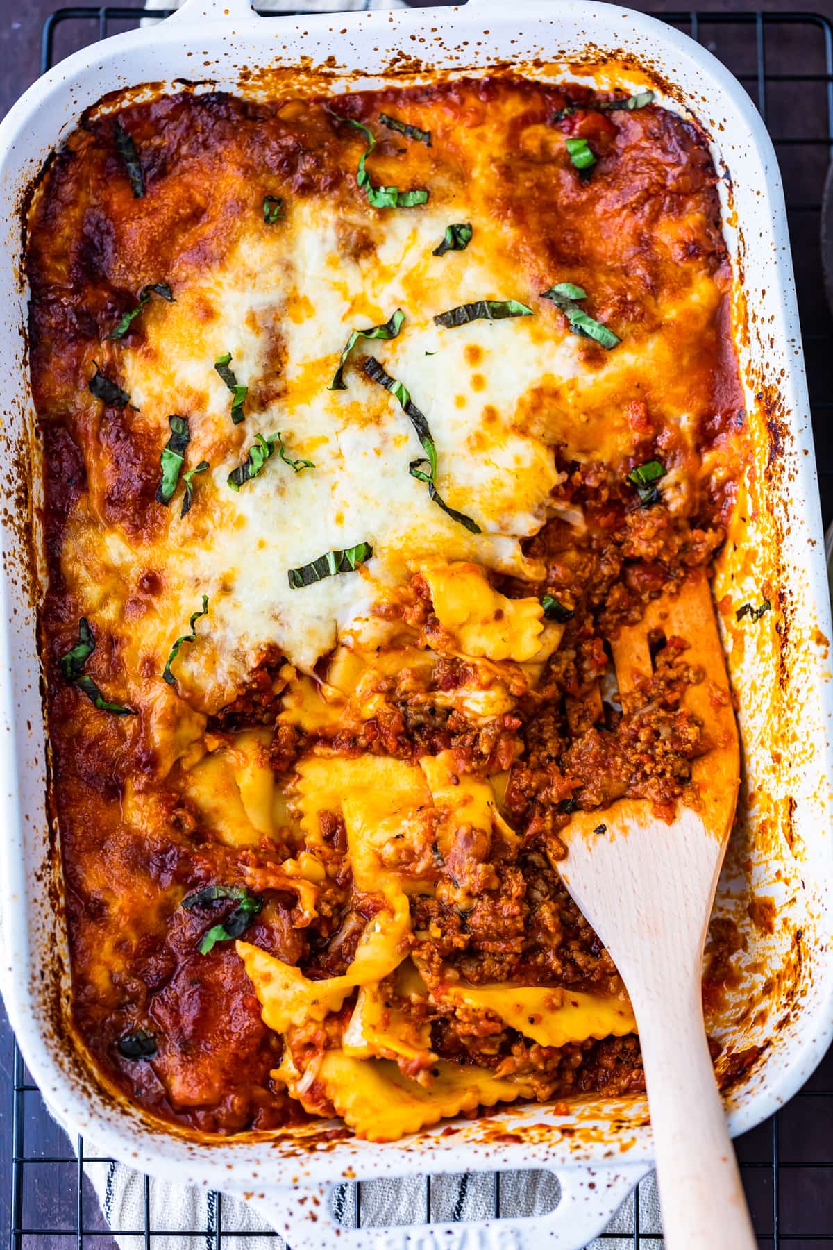 overhead view of ravioli casserole